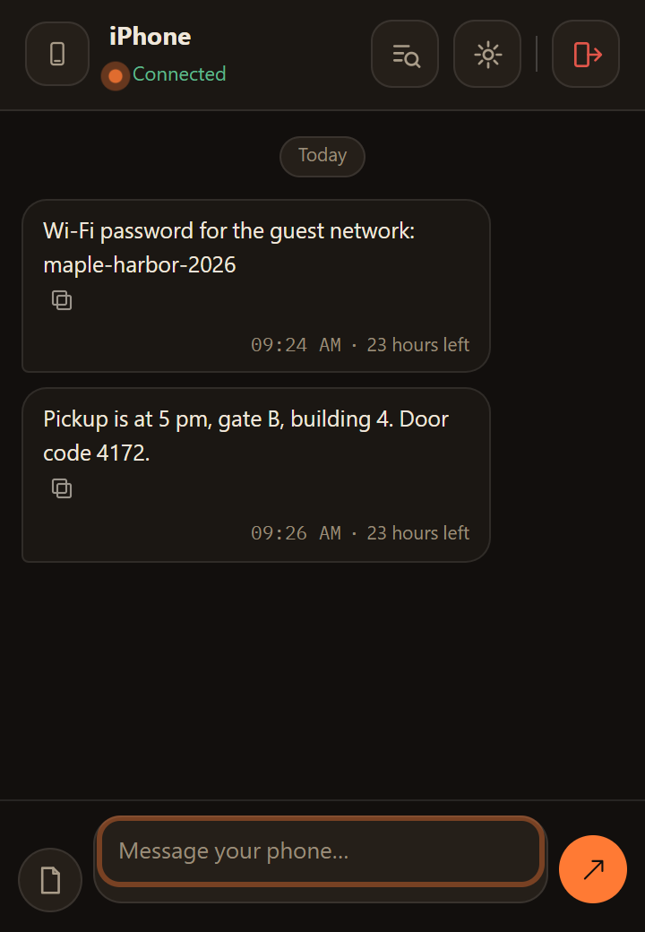The Sendover extension window showing two text messages that arrived from the phone, each with a copy icon underneath